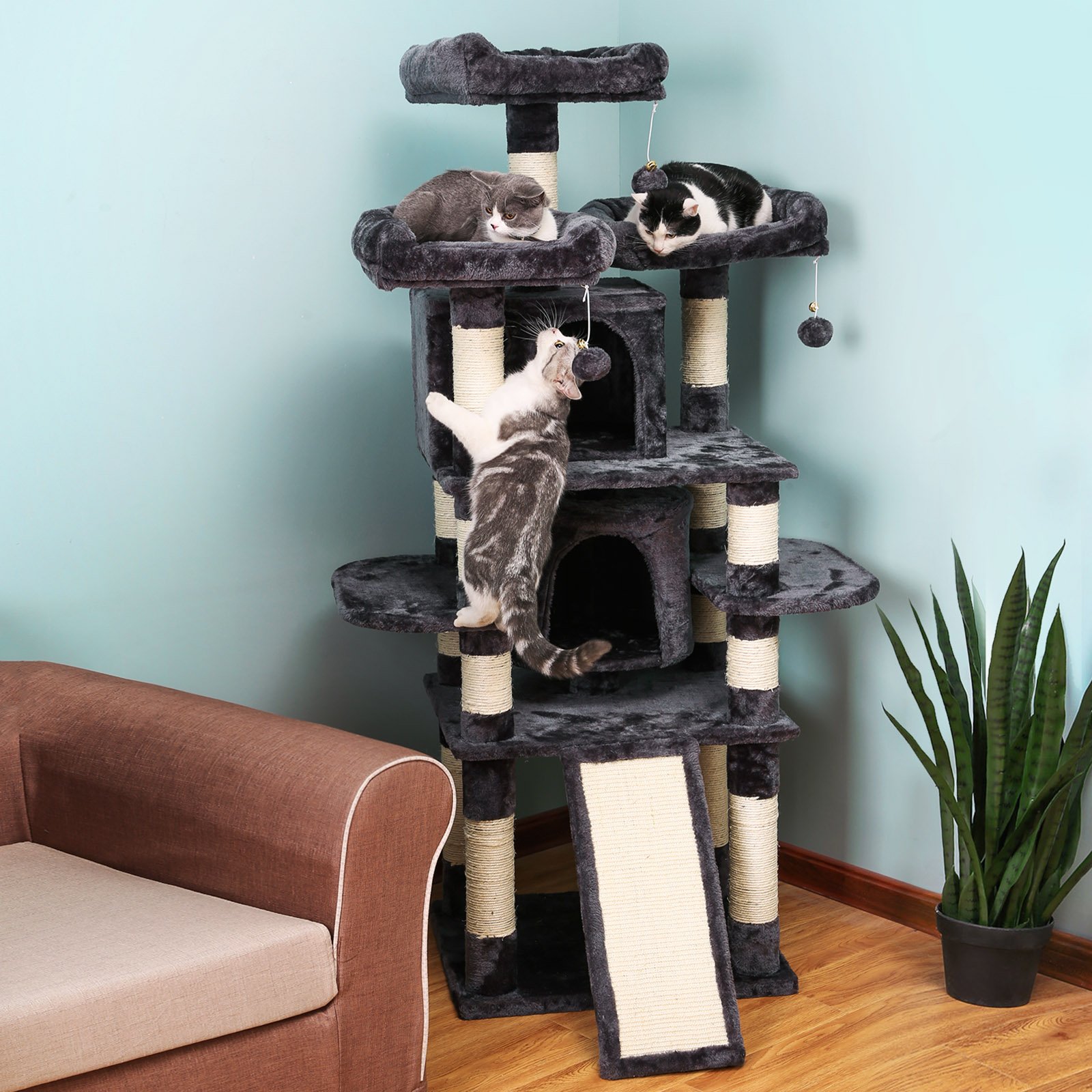 Songmics 67 Large Cat Tree Condo with Scratching Post Pad Cat Tower Furniture House Dark Grey UPCT18G