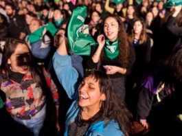 Woman demostrating for abortion rights on Wednesday in Santiago Chile. Photograph: Jose Miguel Rojas/SIPA/REX/Shutterstock